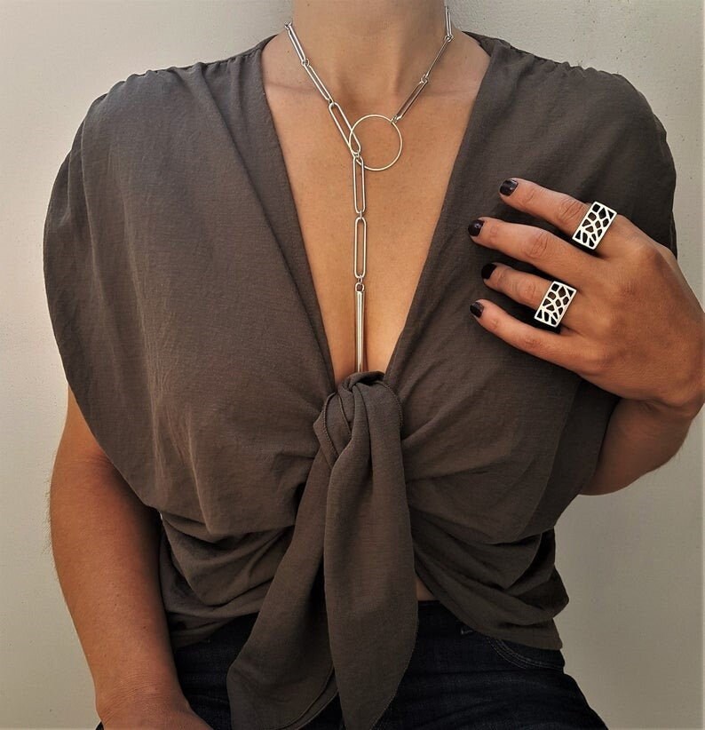 Silver Paperclip Chain Lariat Necklace Elongated Oval Link Etsy