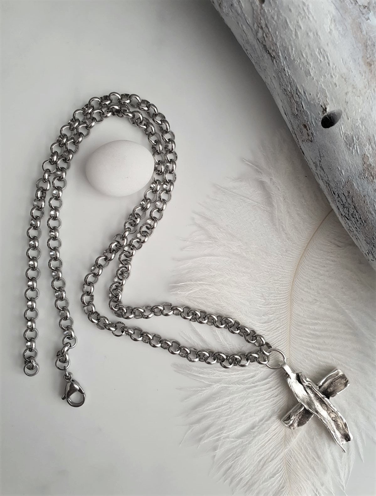Silver Chunky Chain Abstract Cross Necklace, Unisex Bold Silver Chunky Chain Abstract Cross Necklace, Unisex Bold