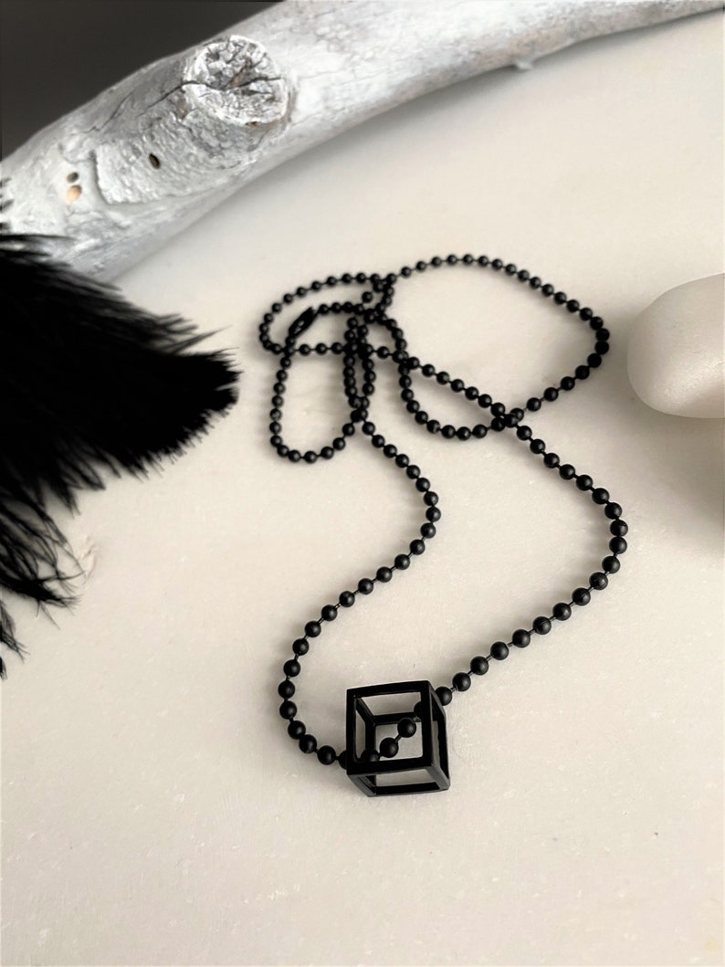Metal cube necklace, mens geometric pendant, black cube pendant, unisex 3d square pendant, fathers gift, black chain necklace, mens gift Cube necklace 28''