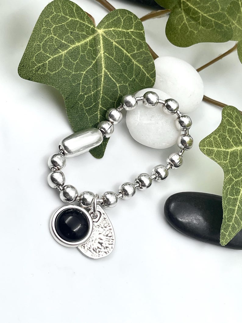 Pulsera de plata para mujer, pulsera de cadena gruesa con piedra negra, pulsera de cadena de bolas gruesa de plata, pulsera estilo Uno de 50, regalo para mujer imagen 8