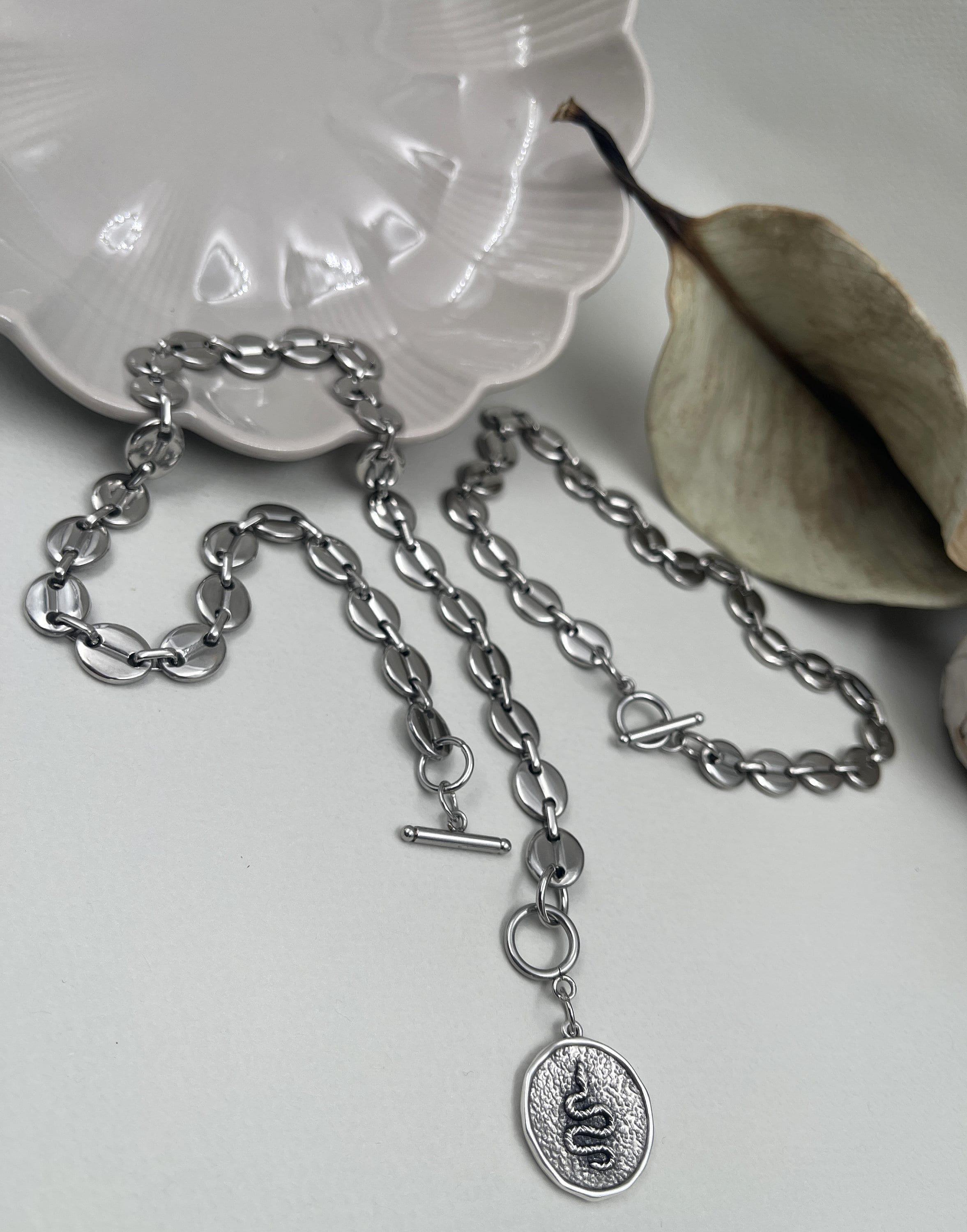 Bold Silver Coffee Bean Necklace With Snake Coin Pendant