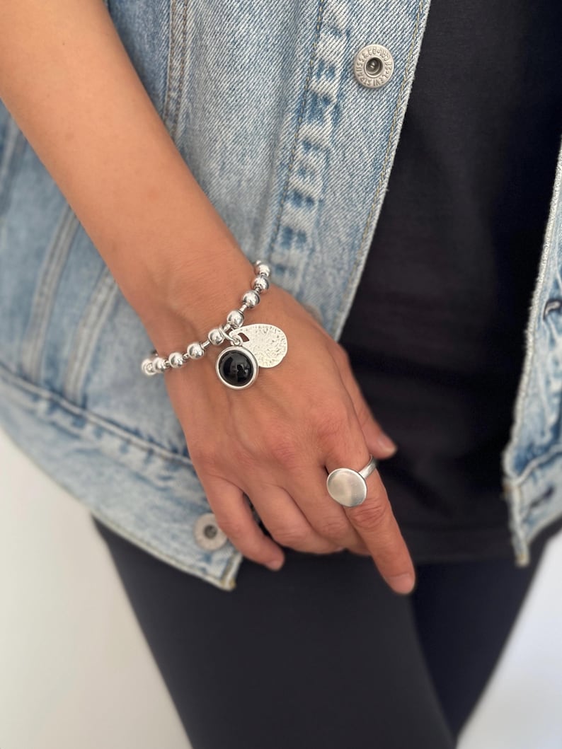 Pulsera de plata para mujer, pulsera de cadena gruesa con piedra negra, pulsera de cadena de bolas gruesa de plata, pulsera estilo Uno de 50, regalo para mujer imagen 10