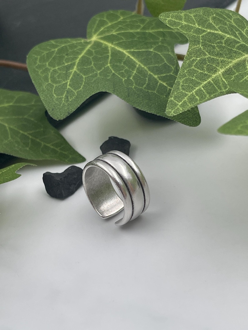 Mens Simple Three Lines Wide Band Ring• Antique Silver Everyday Smooth Pinky Cuff Ring• Engraved Modern Rock Open Ring• by AnAngelsHug