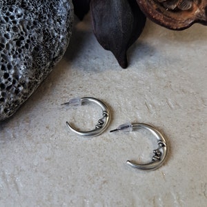 Silver small moon face hoop earrings, dainty half moon stud earrings, womens everyday stud earrings, celestial jewelry, christmas gift idea image 7