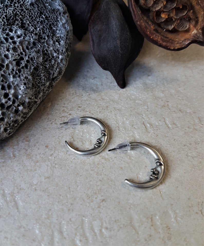 Silver small moon face hoop earrings, dainty half moon stud earrings, womens everyday stud earrings, celestial jewelry, christmas gift idea image 7