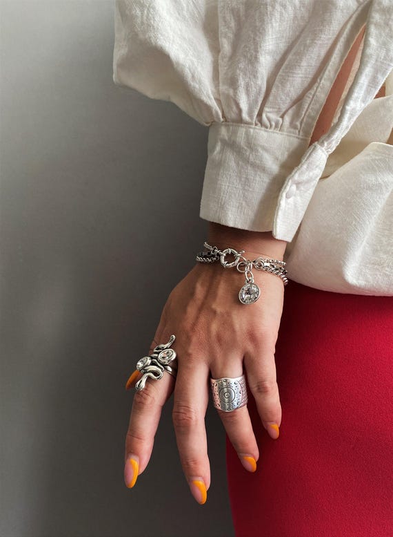 Silver multi chains Swarovski bracelet, bold three strands crystal bracelet, womans elegant Uno de 50 style chain bracelet, girlfriends gift