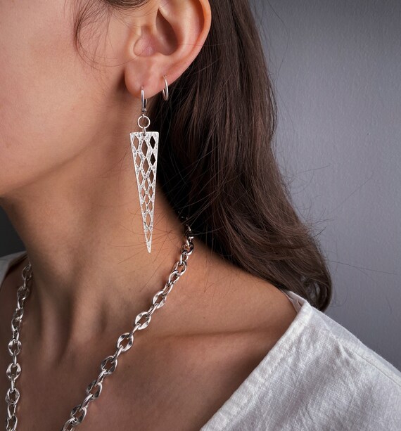 Antique Silver Triangle Drop Earrings Pointy Modern Rock Long Earrings Egdy Dark Silver Plated Spiked Earrings by Anangelshug Gift Idea Etsy
