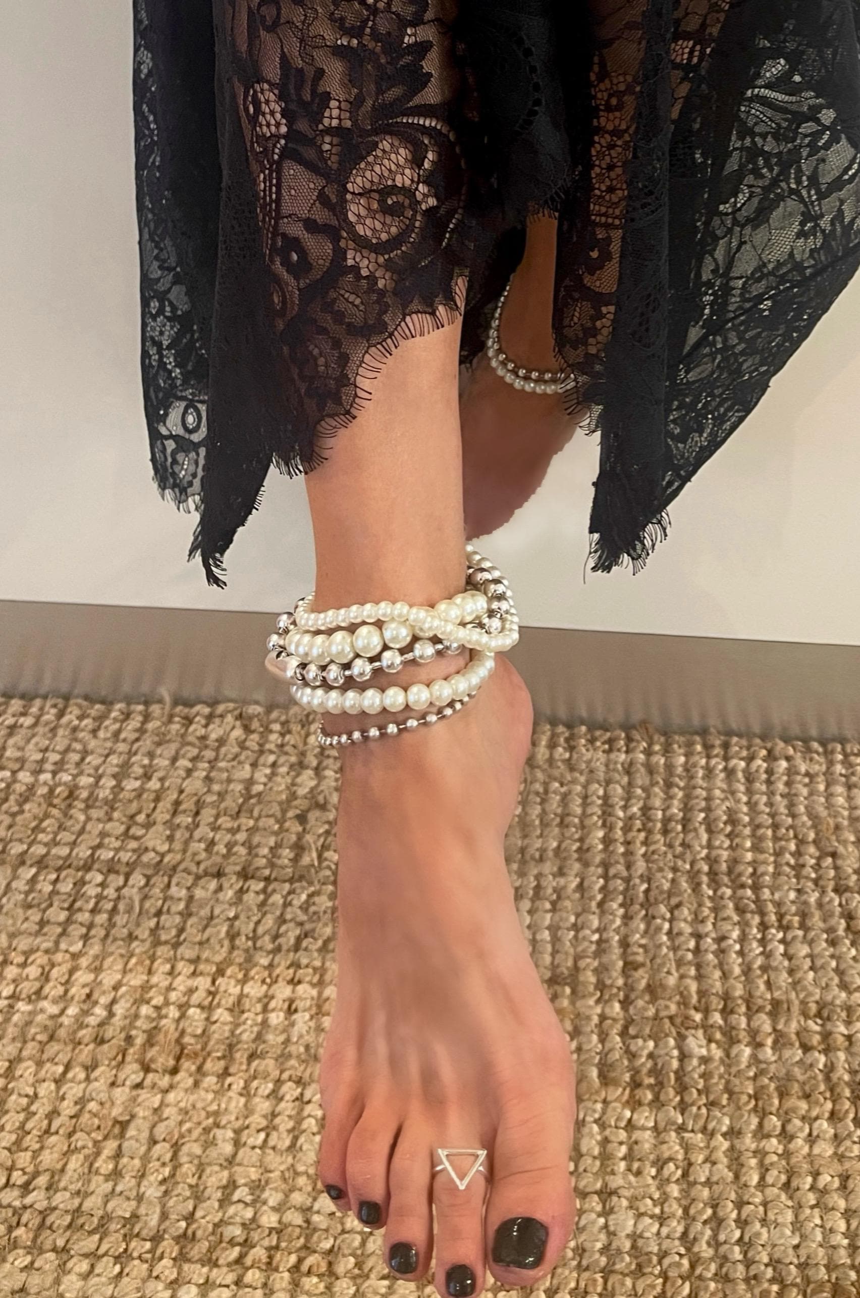 アンクレット [VINTAGE HOLLYWOOD] Ball n Beads Anklet Elegant Chunky Pearl Beaded Anklet• Stacking Silver Ball