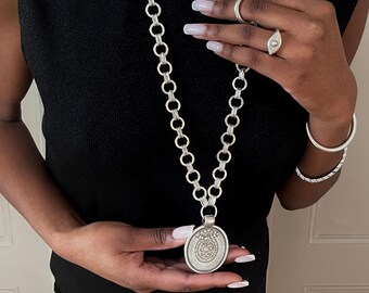 Long Statement Bold Chain Pendant, Antique Silver Disk Long Statement Bold Chain Pendant, Antique Silver Disk