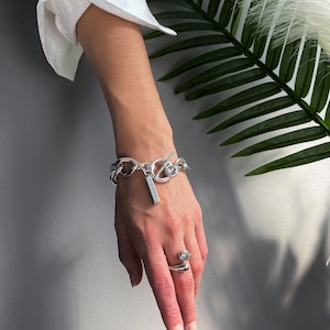 NEW! Swarovski uno de 50 style thick chain bracelet, oversized curb link chain bracelet, chunky antique silver crystal bracelet, gift idea.