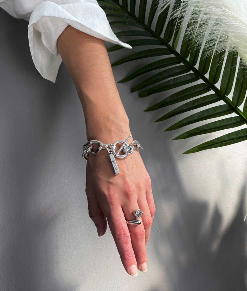 NEW! Swarovski uno de 50 style thick chain bracelet, oversized curb link chain bracelet, chunky antique silver crystal bracelet, gift idea.