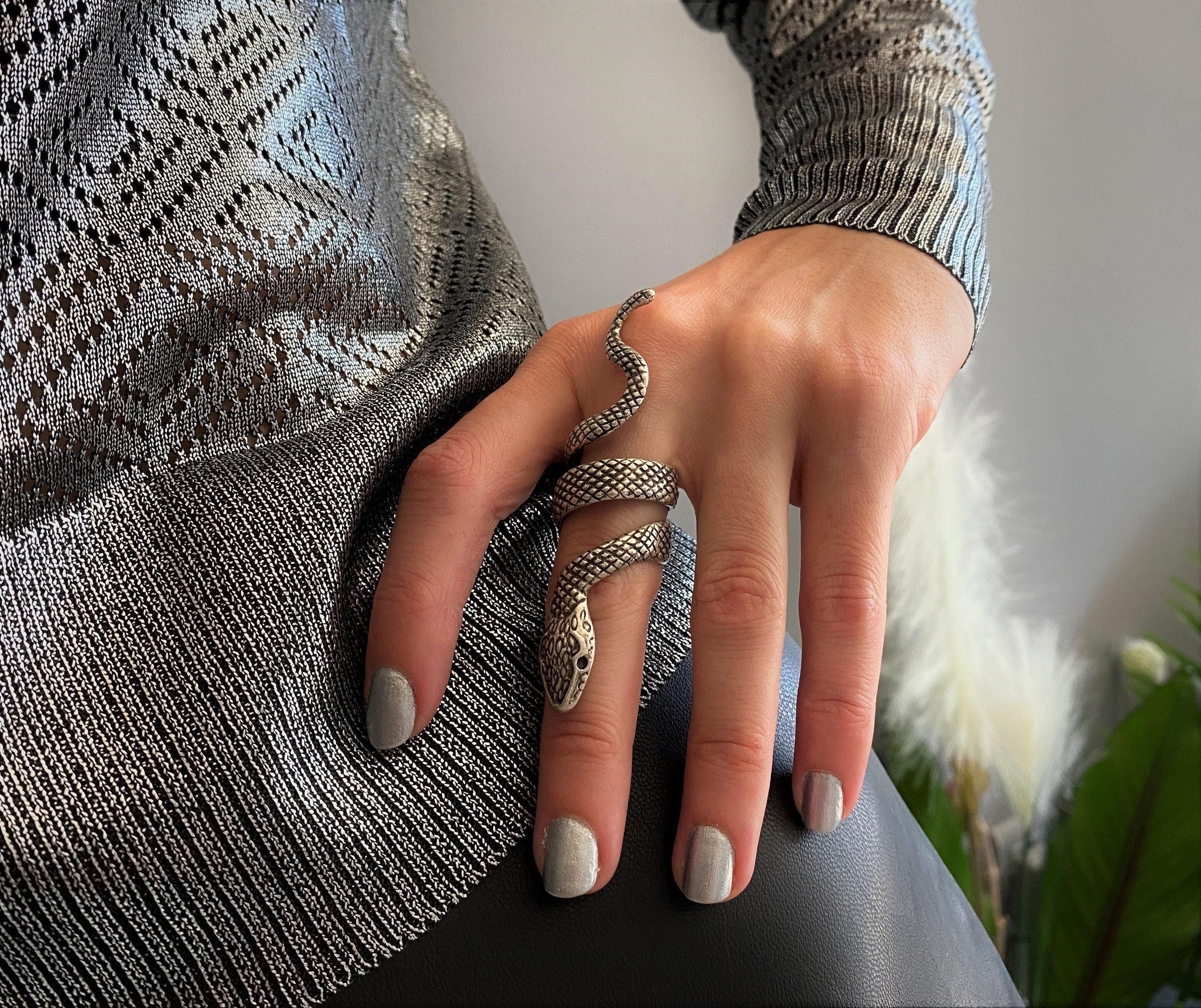 Dark Silver Extra Long Finger Ring, Statement FULL FINGER SERPENT 