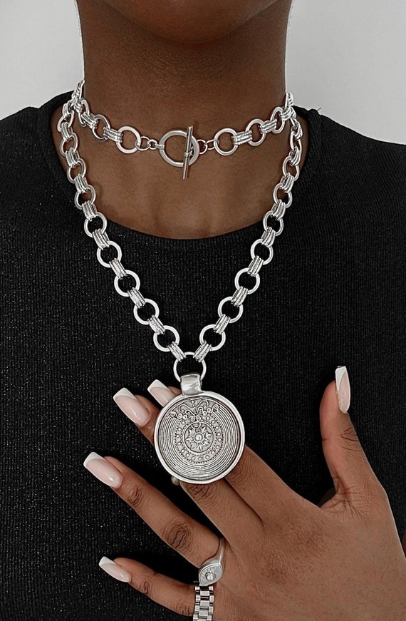 Long statement bold chain pendant antique silver disk pendant silver chunky chain necklace unique large pendant heavy shiny chain choker