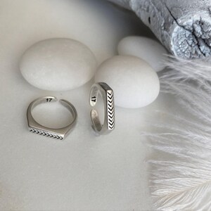 Rectangular Signet Engraved Arrow Open Ring: Stackable Adjustable Silver Ring