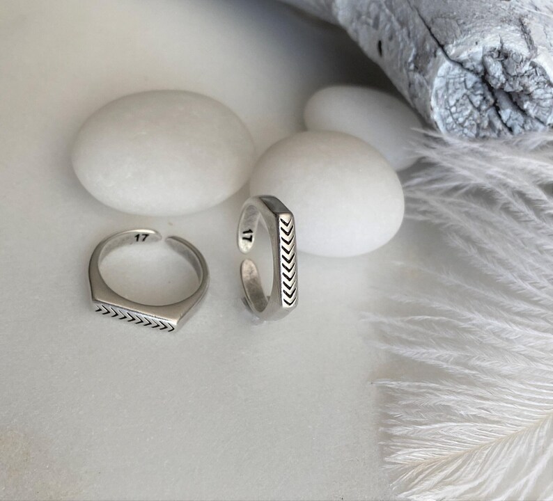 Rectangular Signet Engraved Arrow Open Ring: Stackable Adjustable Silver Ring