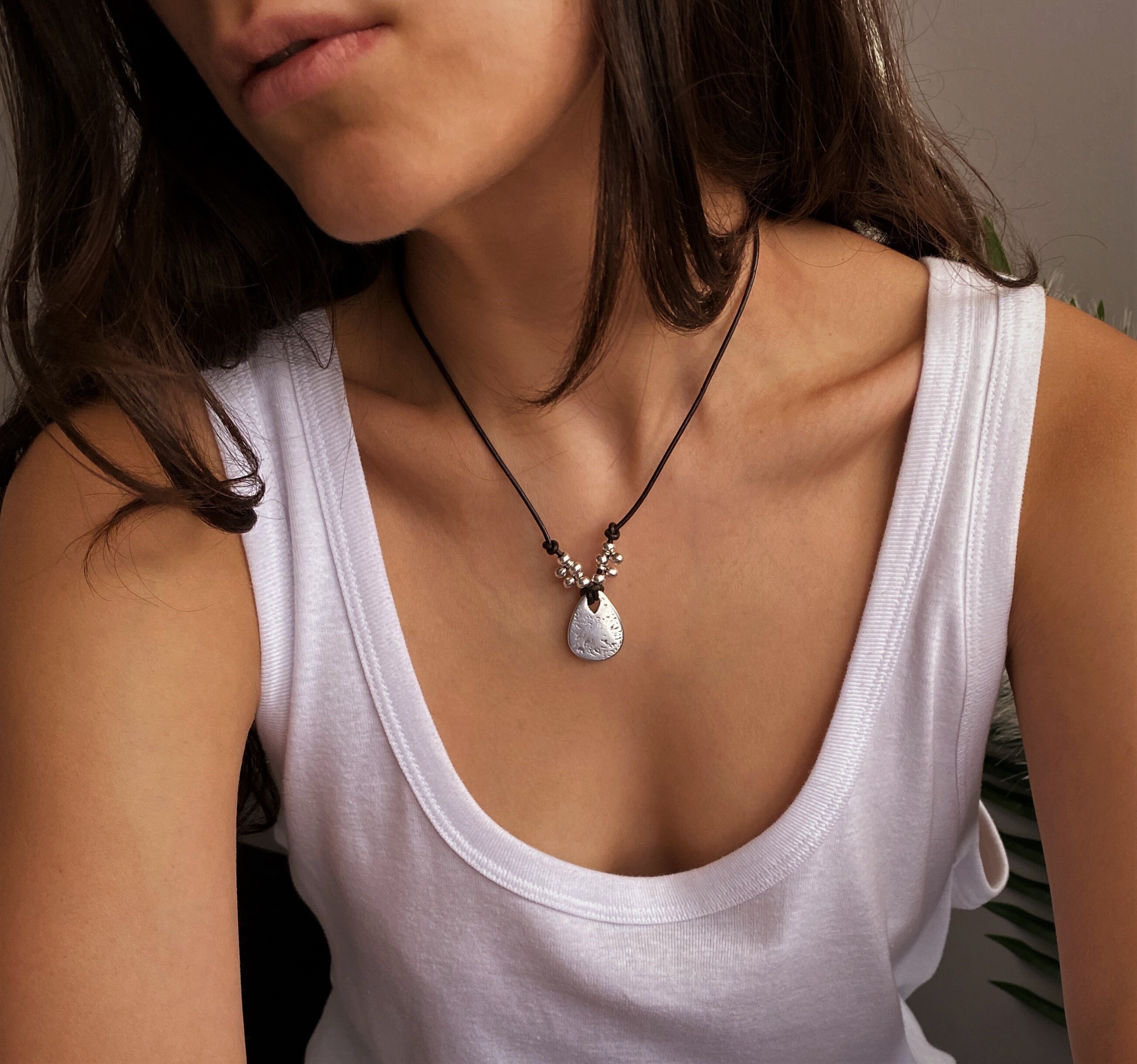 Womens Genuine Leather Cord Pendant, Black Leather Womens Genuine Leather Cord Pendant, Black Leather