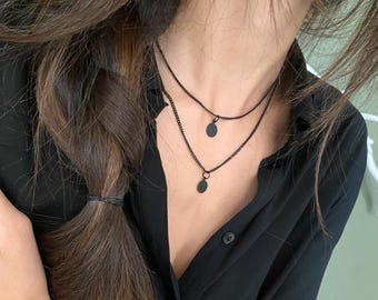 Black Coin Womens Necklace, Black Chain Disk Pendant, Matte Black
