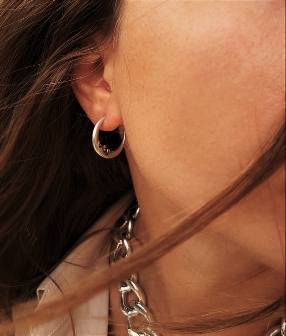 Silver Small Moon Face Hoop Earrings Dainty Half Moon Stud