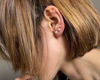 Sterling Silver Pearl Earrings: Three Pearl Climber Ear Cuff, Minimalist Modern Stud Earrings