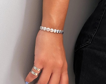 Womens silver beads stretchy bracelet, silver disks elastic bracelet, silver unisex bracelet, silver metal beads stretchy cuff, gift for her