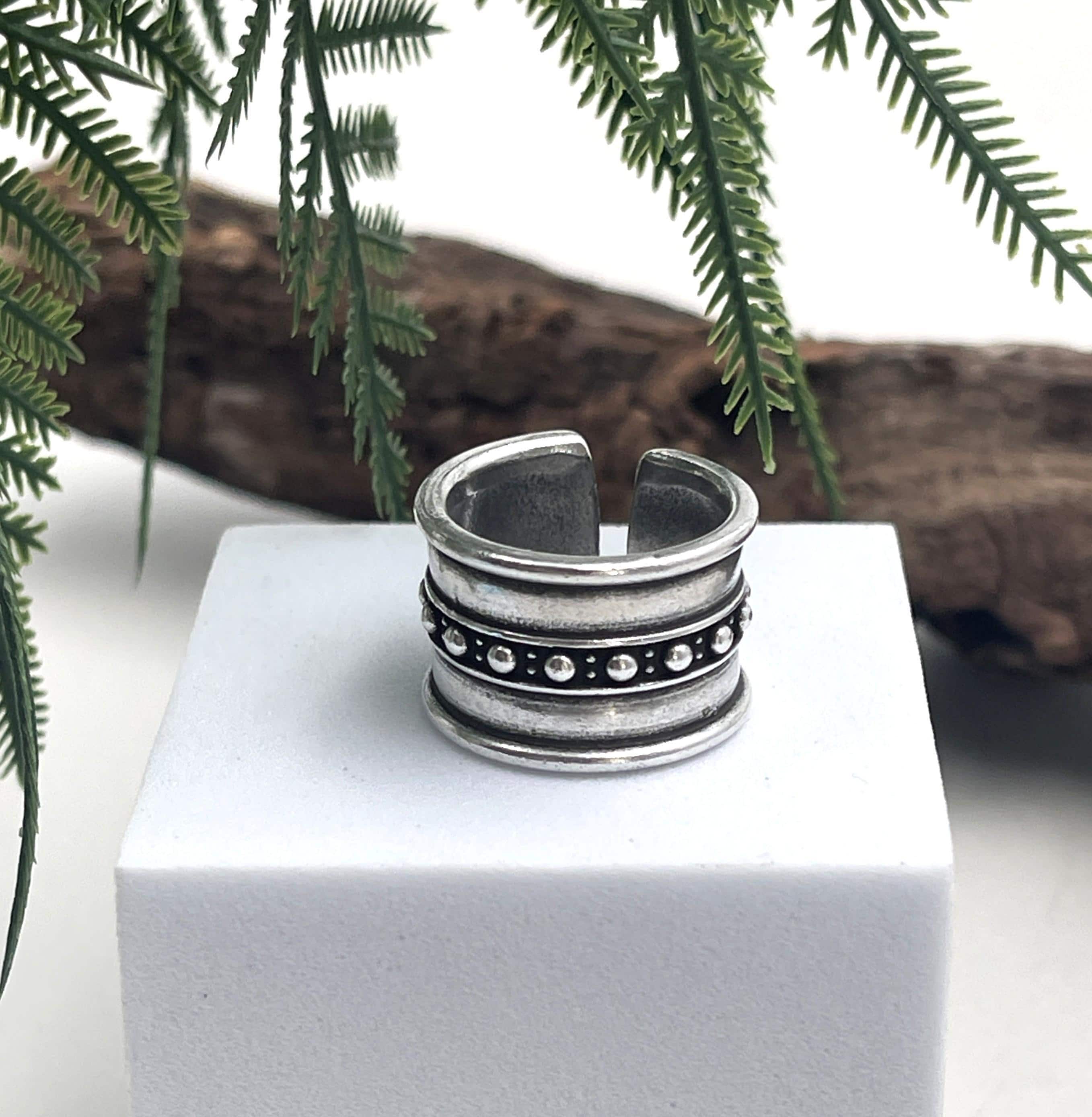 Antique Silver Open Band Ring, Flat Adjustable Statement Ring