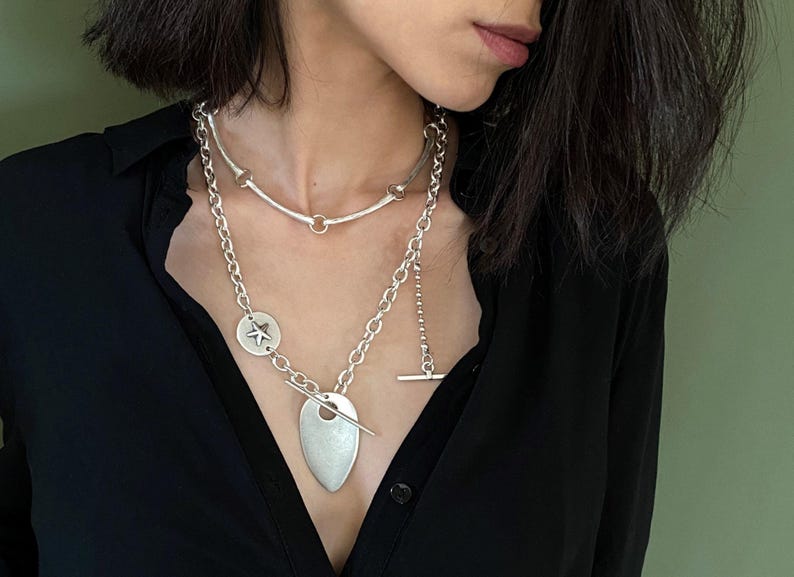 Long Curved Links Adjustable Choker• Rock Style Costume Piece Necklace• Minimal Dark Silver Short Necklace• by AnAngelsHug• Gift For Her