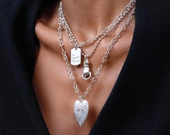 Set of Three Silver Chain Layered Punk Rock Style Pendants• Evil Eye Heart  Charm Necklace• Statement ID Tag Stacking Necklace by AnAngelsHug