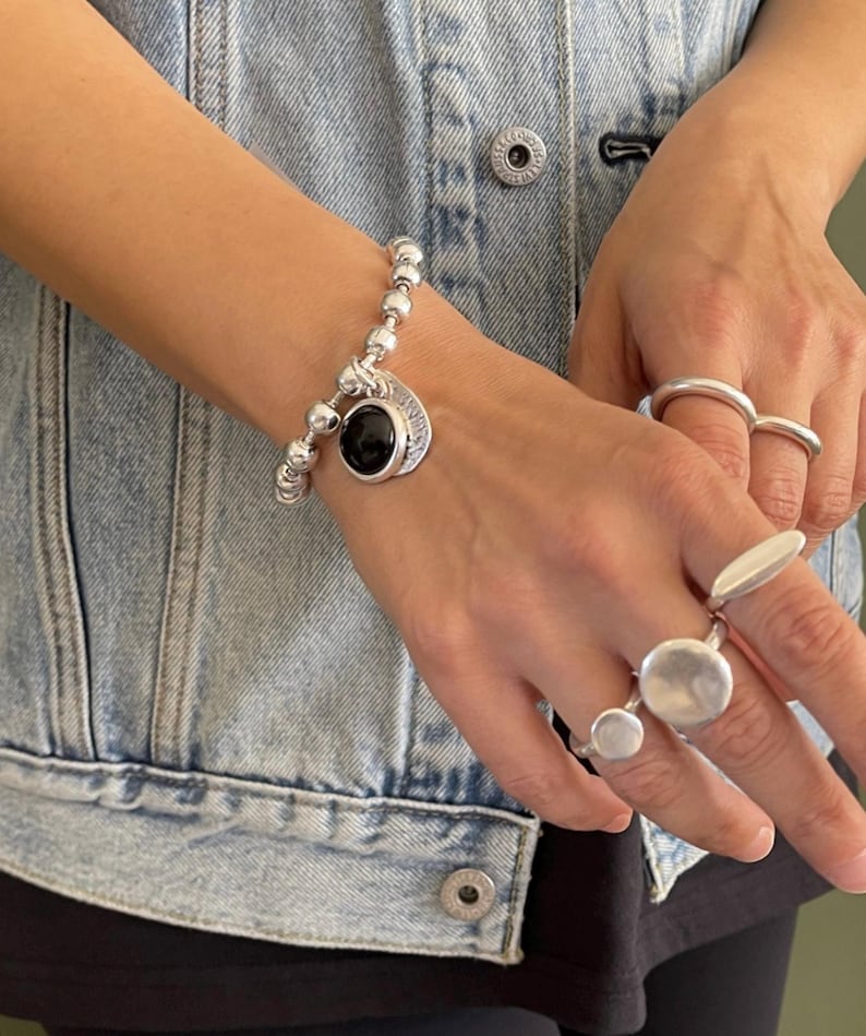 Pulsera de plata para mujer, pulsera de cadena gruesa con piedra negra, pulsera de cadena de bolas gruesa de plata, pulsera estilo Uno de 50, regalo para mujer imagen 7