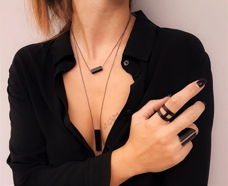 Matte black bar necklace, tiny gunmetal chain tube choker, double chain black necklaces, bold black jewelry, vertical rectangle bar necklace 