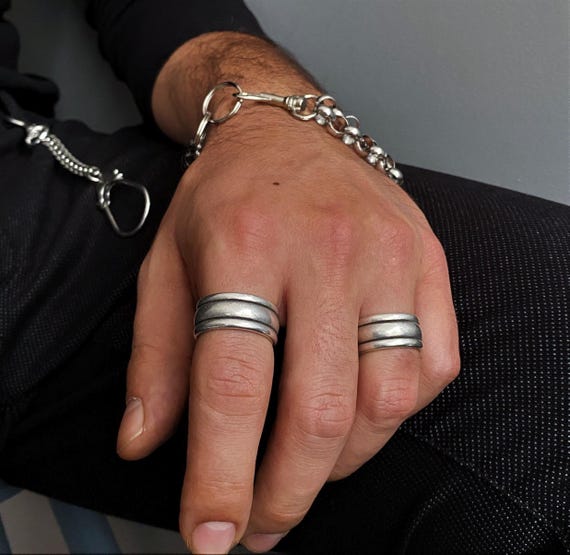 Mens Simple Three Lines Wide Band Ring• Antique Silver Everyday Smooth Pinky Cuff Ring• Engraved Modern Rock Open Ring• by AnAngelsHug