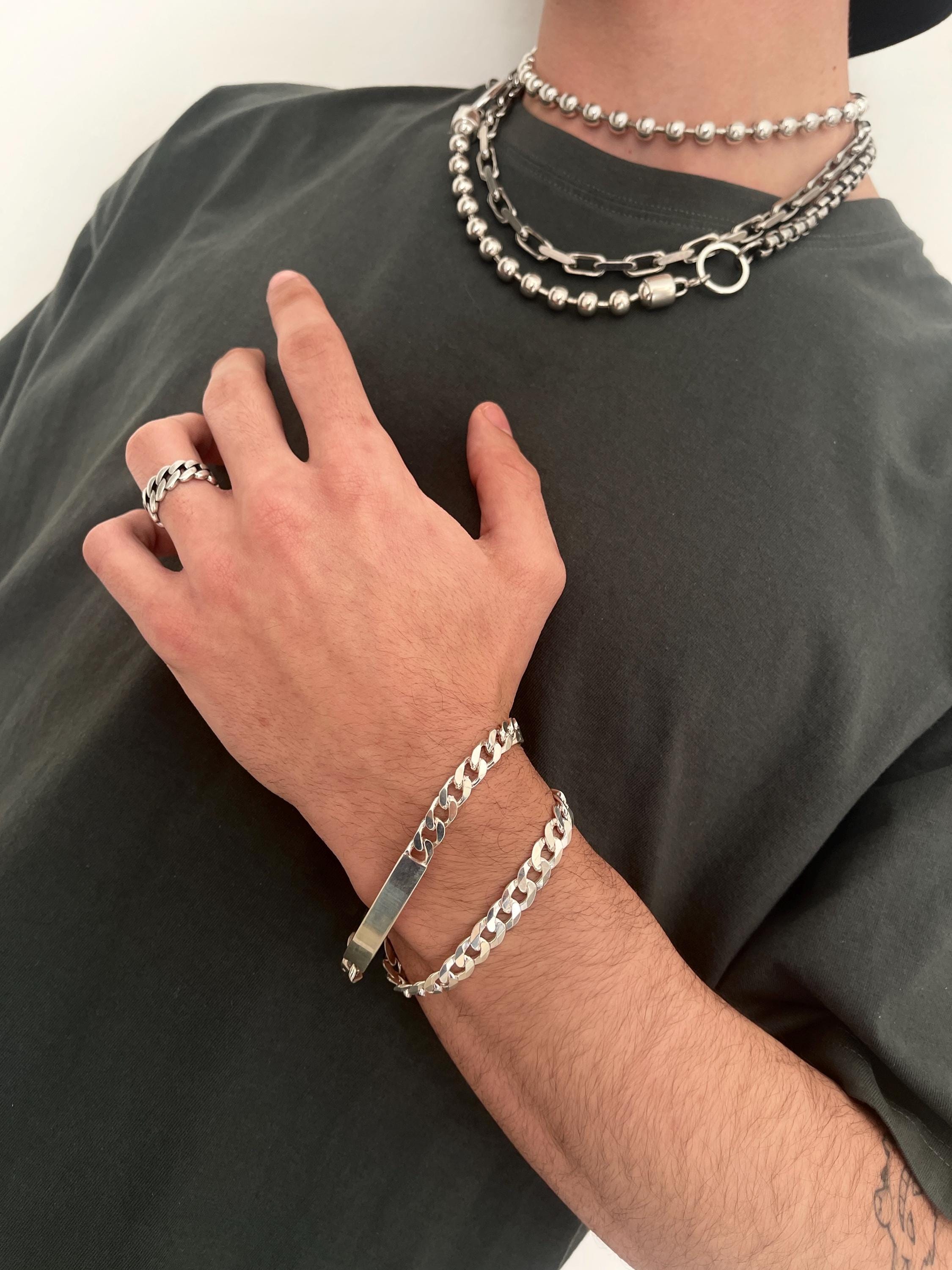 Mens Sterling Silver Curb Chain Bracelet• Shiny Silver Cuff