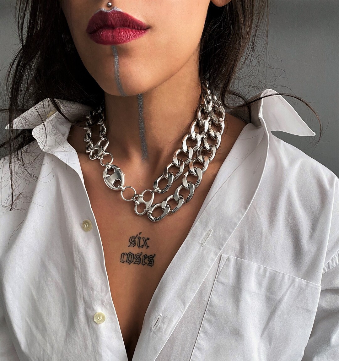 Massive Glossy Double Chain Light Choker, Extra Wide Curb Chain Shiny ...