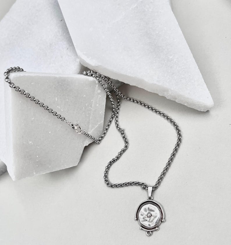 Colar com pingente curto de moeda grega antiga em prata, com corrente rolo em aço inoxidável e pingente redondo. Ideal para presentear ou como presente de Natal. imagem 10