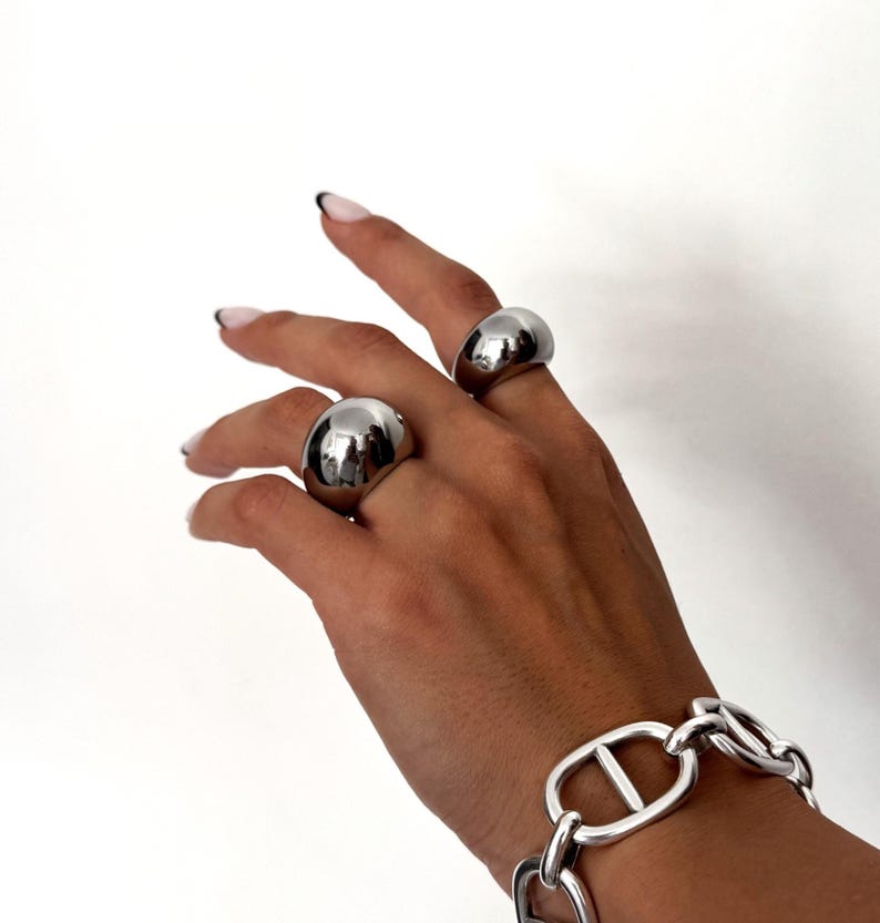 Bold Rock Style Statement Silver Dome Ring: Stainless Steel Everyday Wear