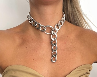 Extra large lariat lightweight chain silver choker, O ring clasp maximalism style necklace, unisex thick chain bold necklace, Christmas gift