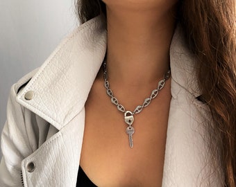 Lock Key Pendant Necklace Statement Long Chain Punk Choker Necklace  Valentine‘s Day Gift for Women Girlfriend Wife, Silver