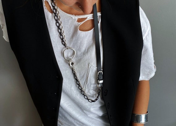 ネックレス・ペンダント LOVE ME MONSTER Oyster Long Leather Necklace Multi Chains O Ring Long Leather Necklace, Bold Black Silver