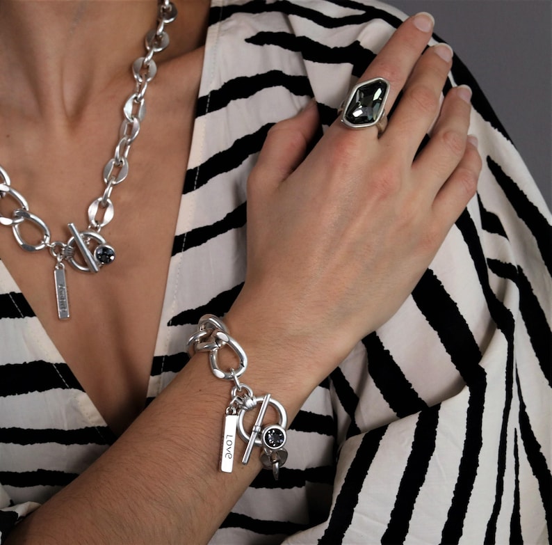 NEW! Statement chains Swarovski necklace, curb chain choker, antique silver chunky necklace, oxidized silver bold necklace, uno de 50 style.