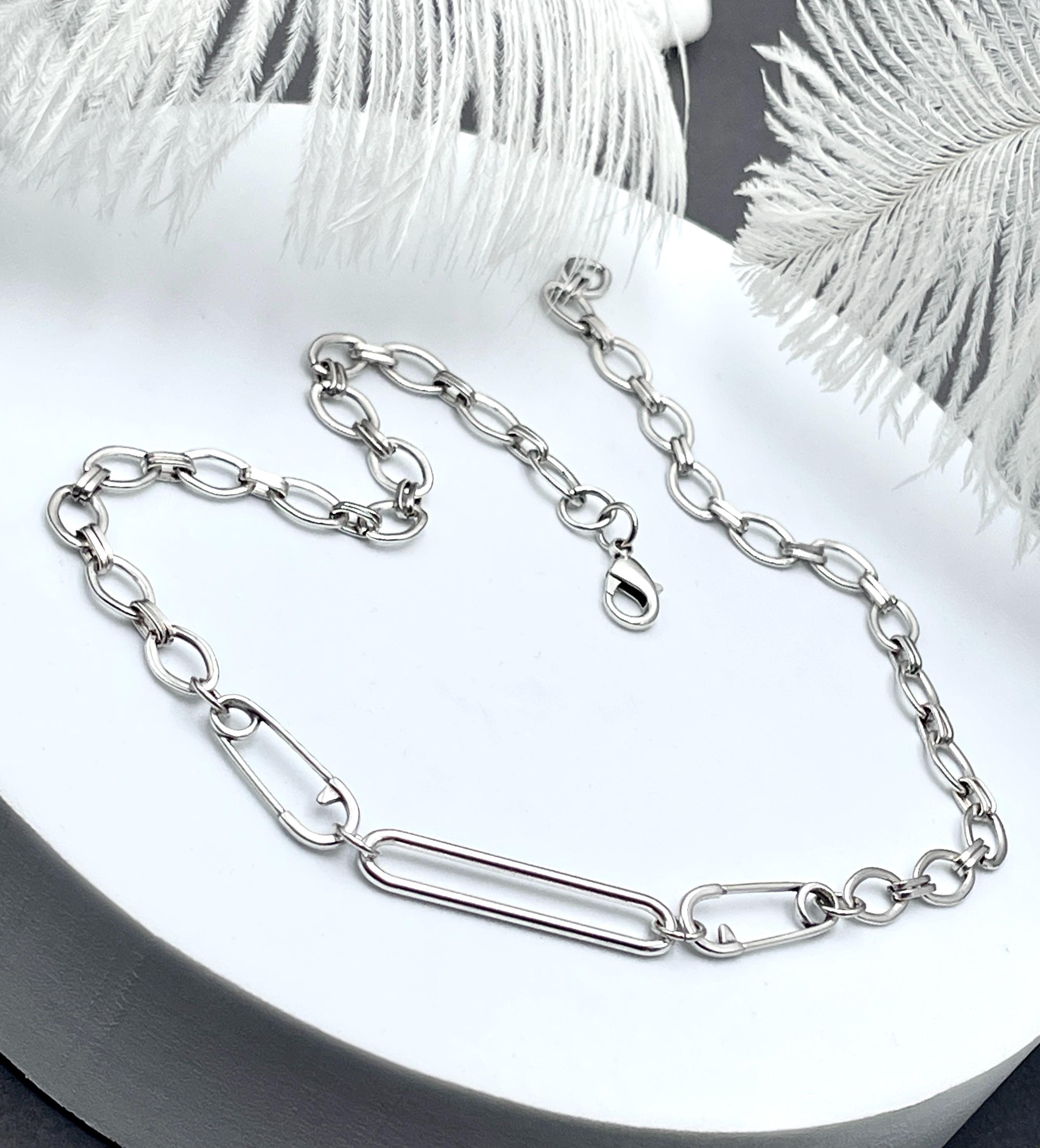 Safety Pin Silver Chain Necklace, Punk Rock Style Safety