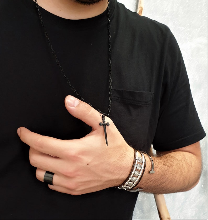 Mens Matte Black Long Chain Sword Necklace Rolo Chain Unisex Etsy UK