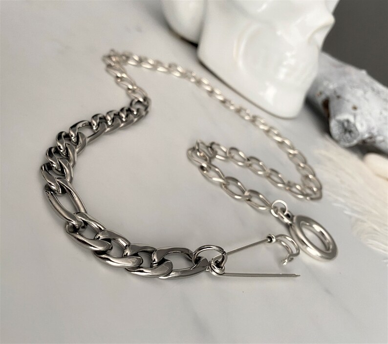 Chunky Mixed Chains Safety Pin Necklace Silver Safety Pin Etsy