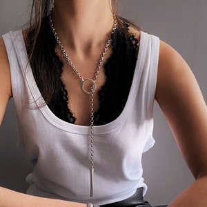 Adjustable length lariat sharp pendant, rolo long vertical bar adjustable choker, circle and long bar edgy necklace, statement boho necklace