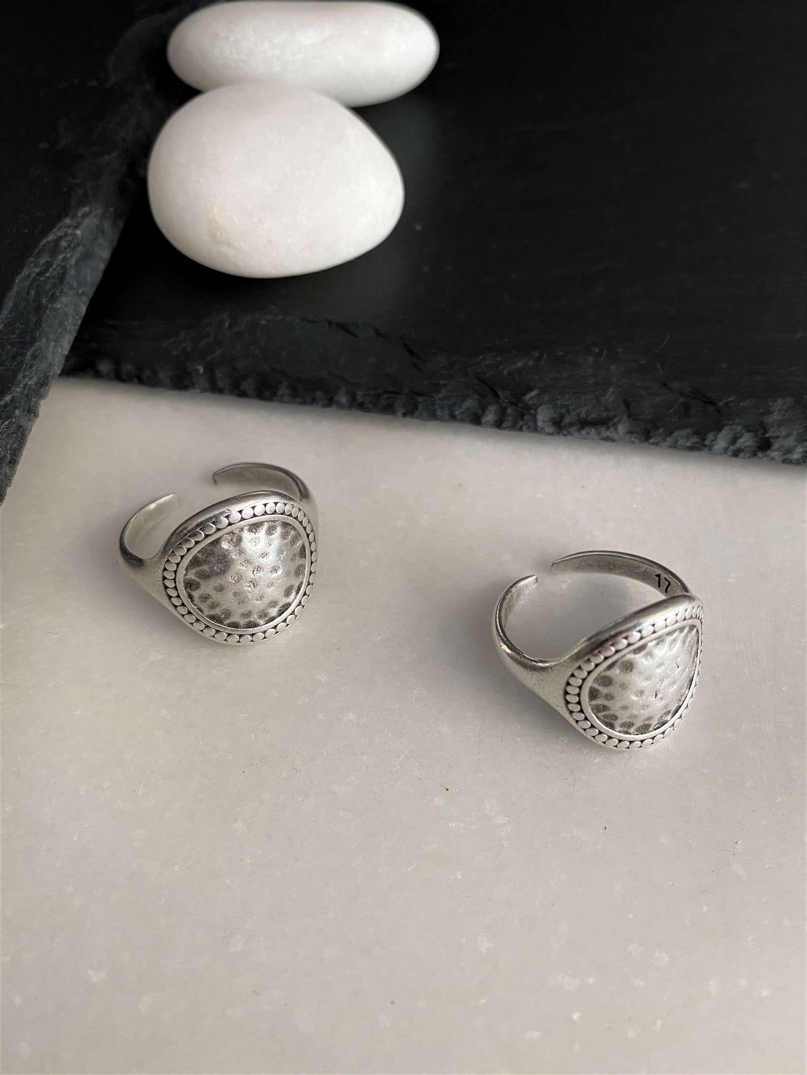 Antique Silver Round Disc Hammered Ring Modern Adjustable Etsy