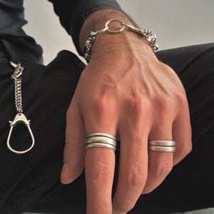 Mens Simple Three Lines Wide Band Ring• Antique Silver Everyday Smooth Pinky Cuff Ring• Engraved Modern Rock Open Ring• by AnAngelsHug