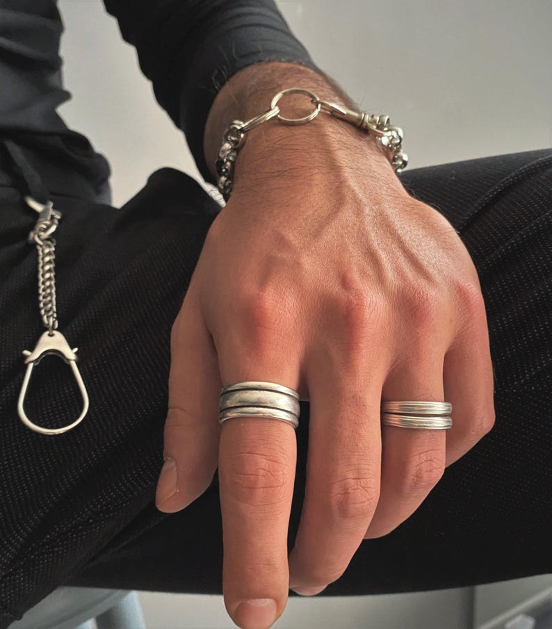 Mens Simple Three Lines Wide Band Ring• Antique Silver Everyday Smooth Pinky Cuff Ring• Engraved Modern Rock Open Ring• by AnAngelsHug