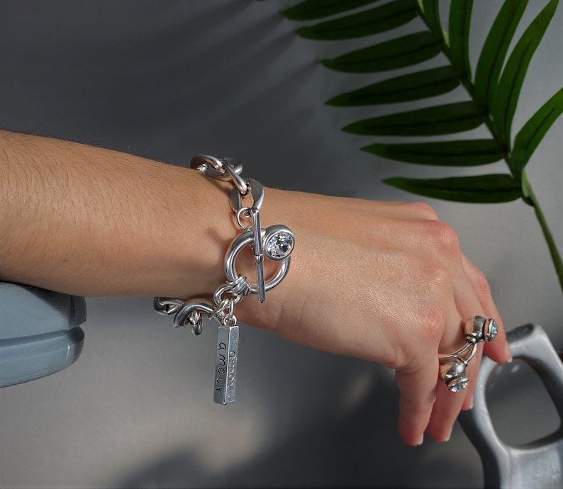 NEW! Swarovski uno de 50 style thick chain bracelet, oversized curb link chain bracelet, chunky antique silver crystal bracelet, gift idea.