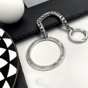 Punk Rock Style Oversized O-Ring Foxtail Chain bracelet: Large Engraved Circle Snap Lock Cuff