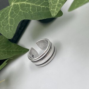 Mens Simple Three Lines Wide Band Ring• Antique Silver Everyday Smooth Pinky Cuff Ring• Engraved Modern Rock Open Ring• by AnAngelsHug