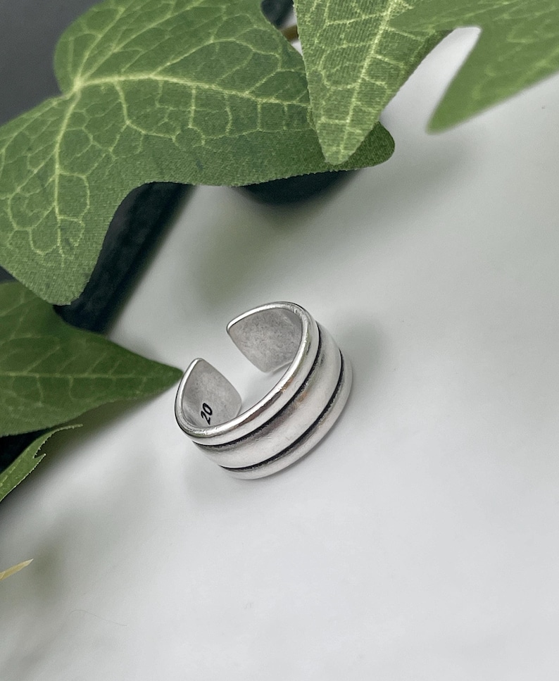 Mens Simple Three Lines Wide Band Ring• Antique Silver Everyday Smooth Pinky Cuff Ring• Engraved Modern Rock Open Ring• by AnAngelsHug
