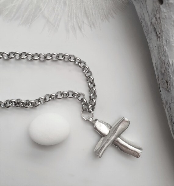 Silver Chunky Chain Abstract Cross Necklace, Unisex Bold Silver Chunky Chain Abstract Cross Necklace, Unisex Bold